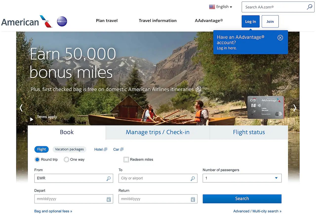 American Airlines flight booking