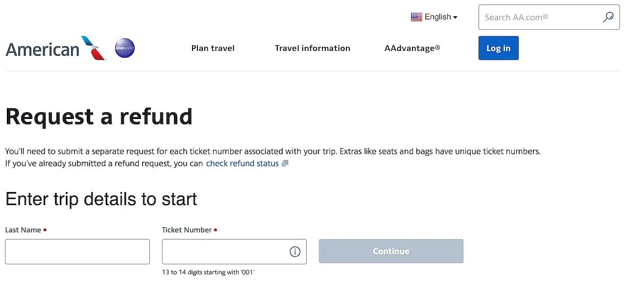 The American Airlines refund request page