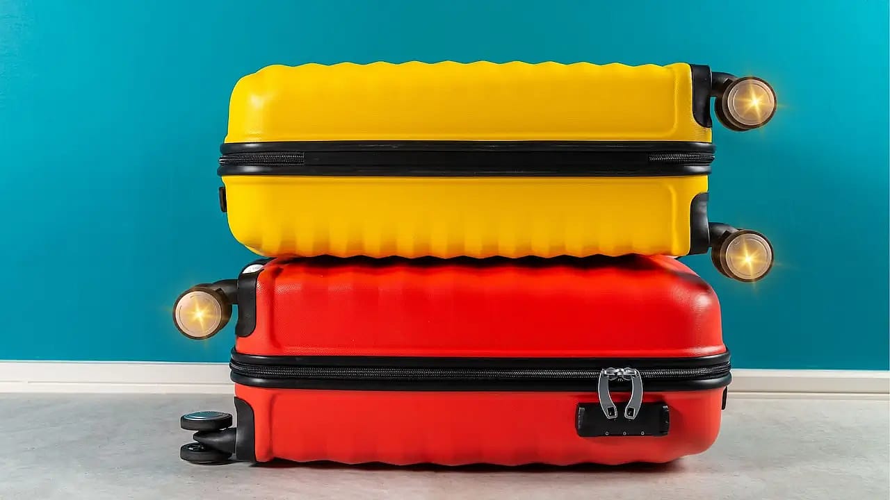 two suitcases, one yellow and one red