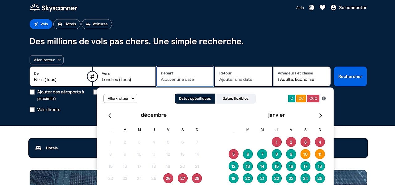 Options de filtrage Skyscanner pour trouver le billet le moins cher