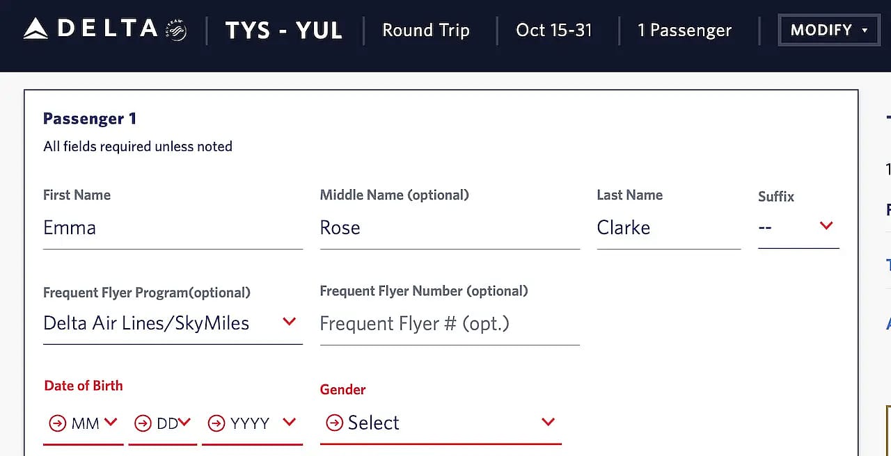 Middle name field on Delta&rsquo;s ticket screen