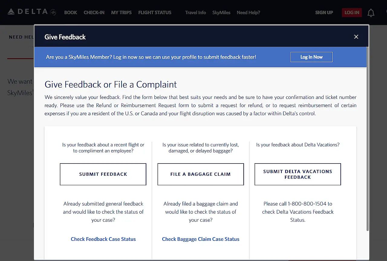 The Delta feedback form for non-US and non-Canada residents