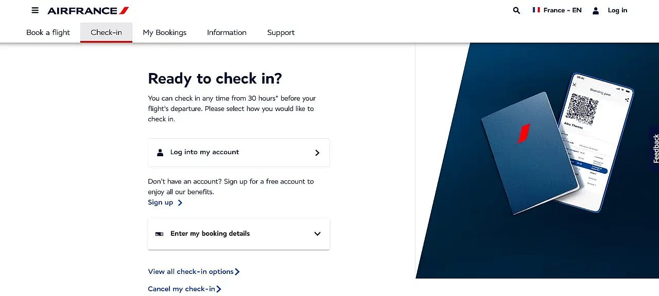 How to access the check-in page on the Air France website
