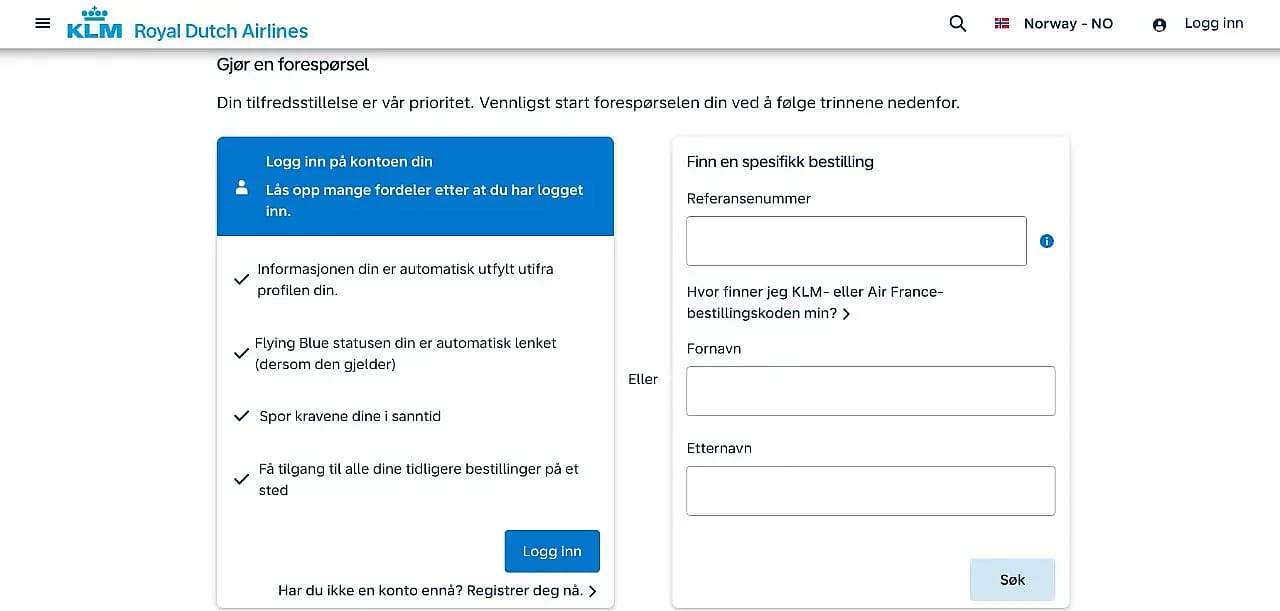 KLM sitt elektroniske klageskjema