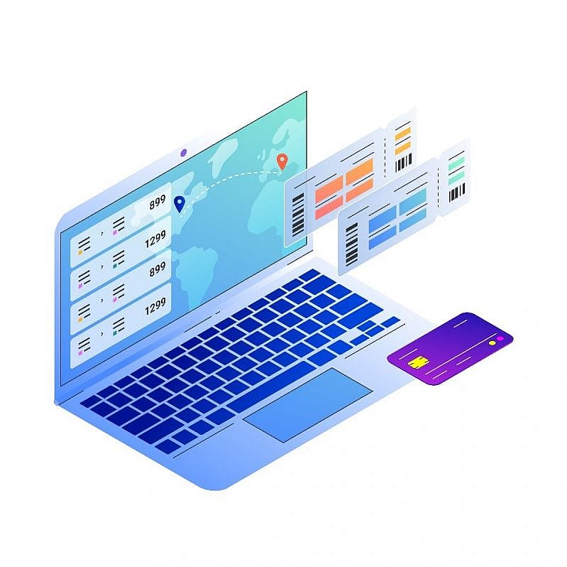 Laptop mit der Darstellung der verschiedenen Flugoptionen auf dem Bildschirm und einer daneben liegenden Kreditkarte 