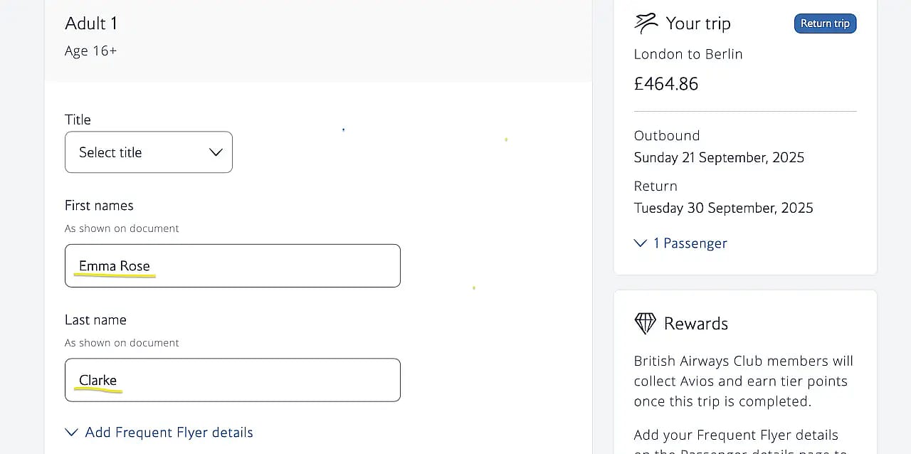 How to enter your first and middle name on the British Airways booking form