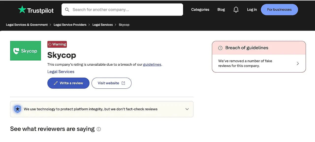 SkyCop fake reviews confirmation screenshot