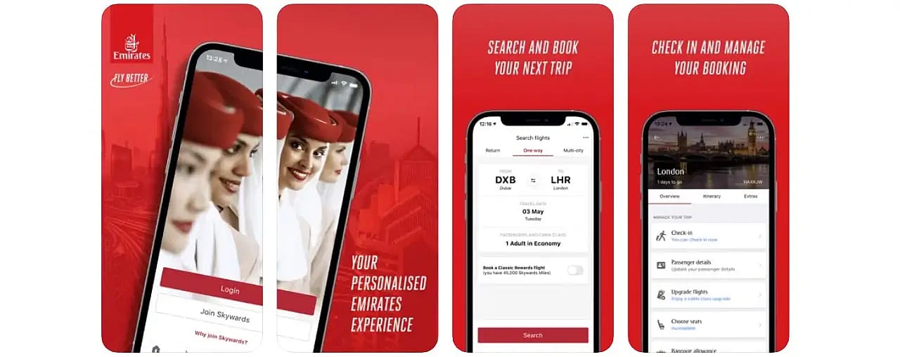 The check-in option on the Emirates app