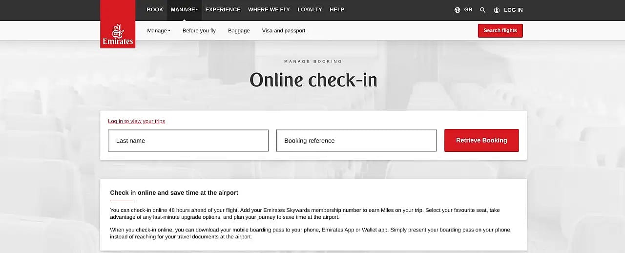 The online check-in page for Emirates
