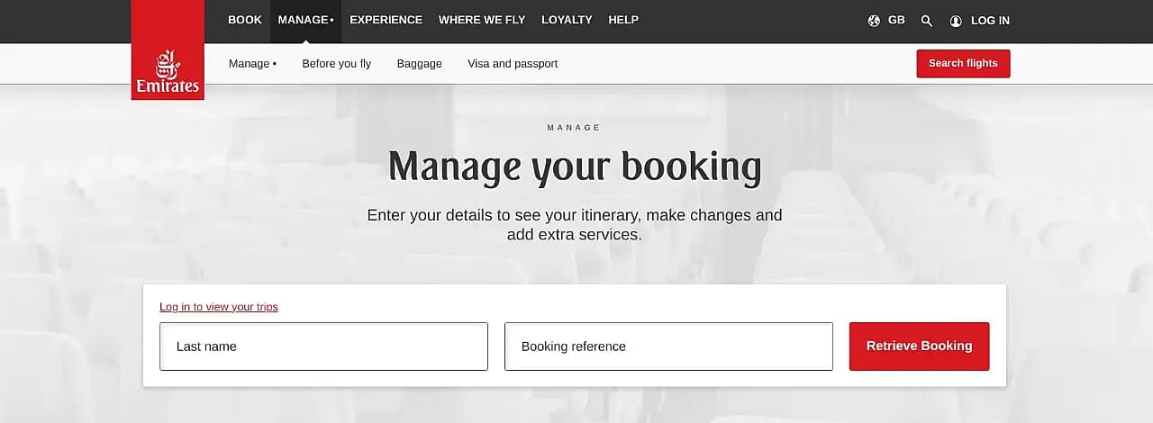 The options to manage your booking with Emirates