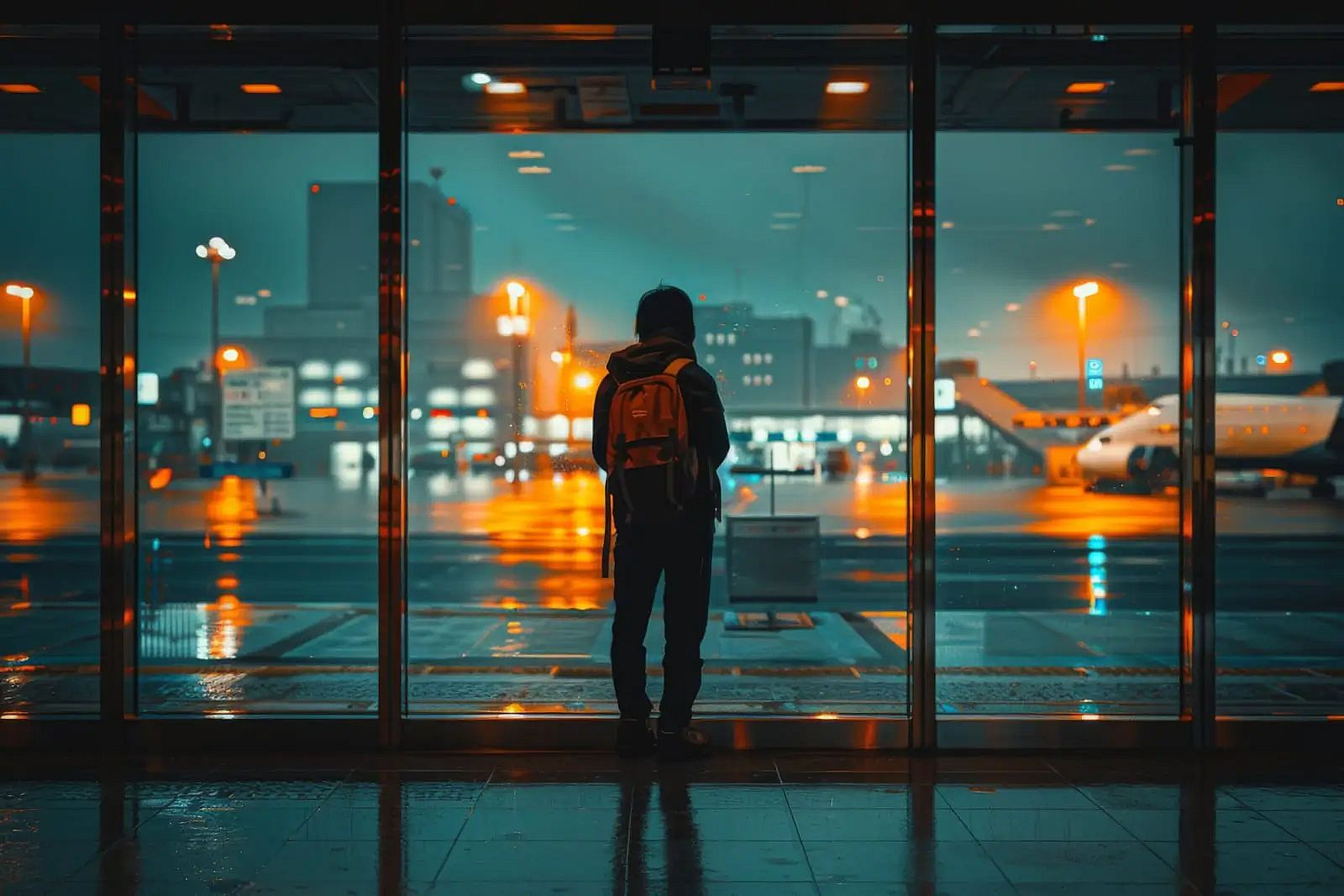 a person with a backpack is standing in front of a glass door at an airport