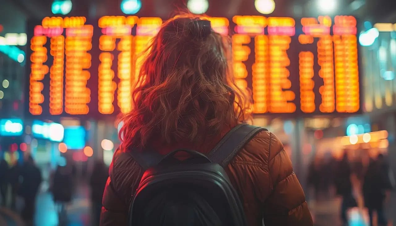 eine Frau vor der Flugplantafel auf dem Flughafen 