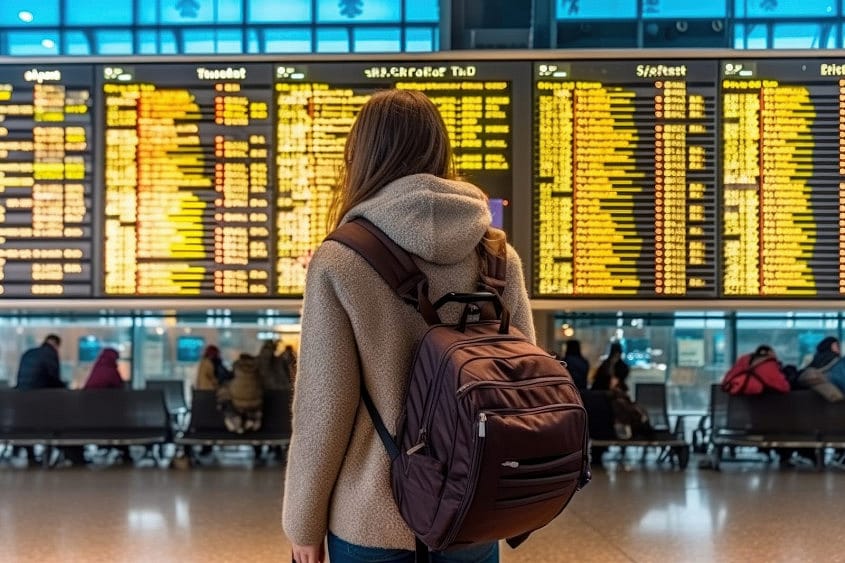 a-young-woman-at-an-international-airport-looks-at-the-flight-information-board