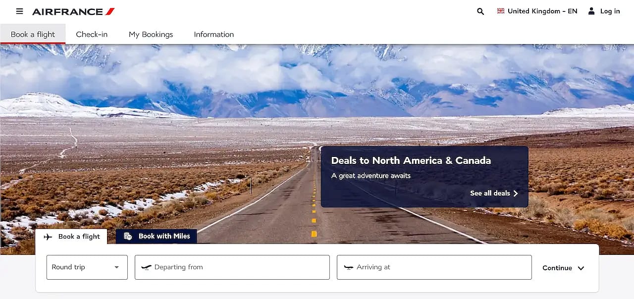 a screenshot of air France website