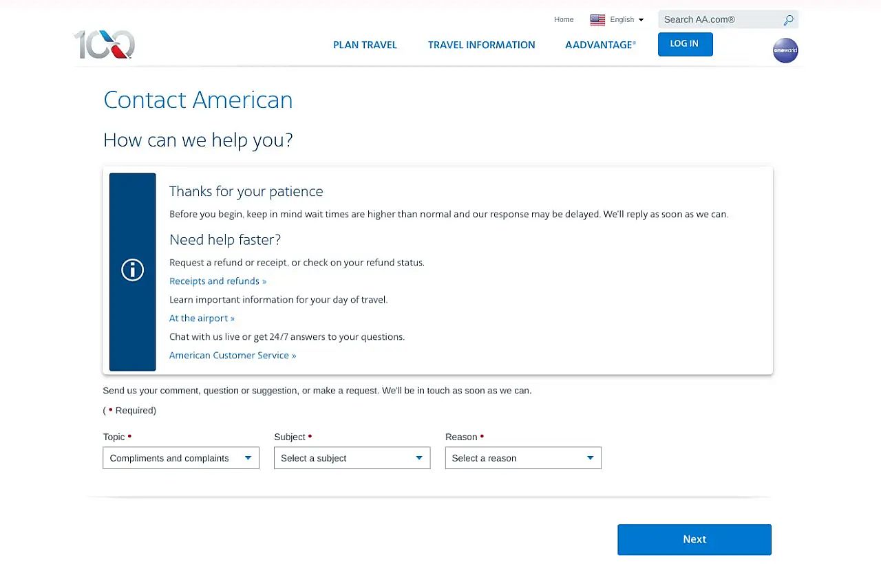 contact form american airlines