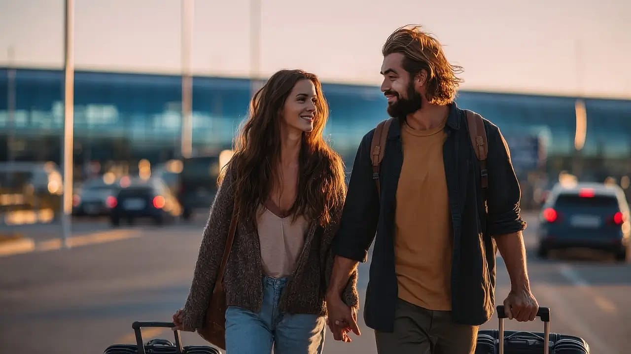 a couple walking at the airport