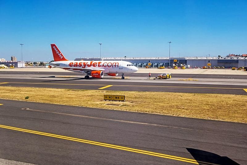 an easyjet plane waiting for passengers to board