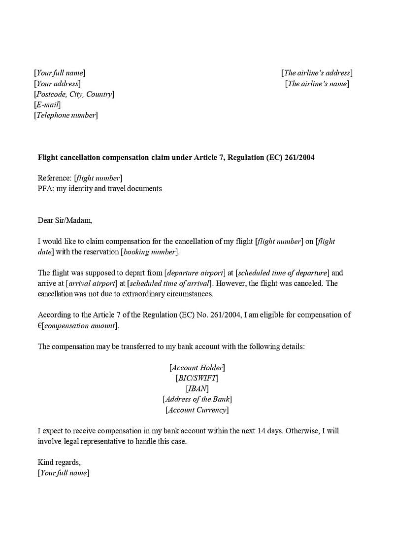 This is a sample letter to claim compensation for cancelled flight