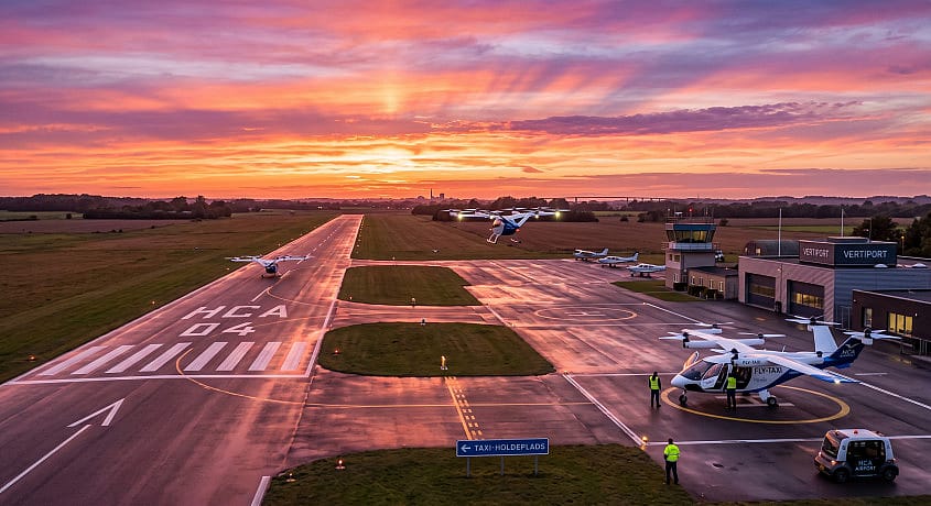Fly taxier p&aring; landingsbane ved solnedgang