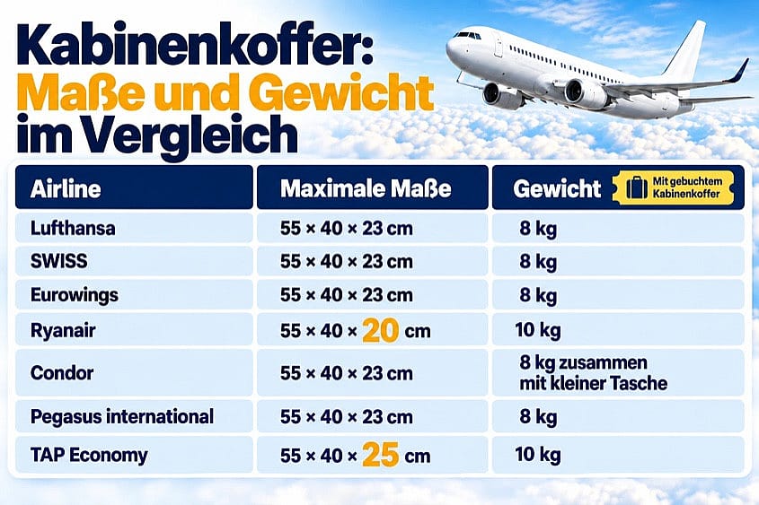 Kabinenkoffer Freigep&auml;ck nach Airline