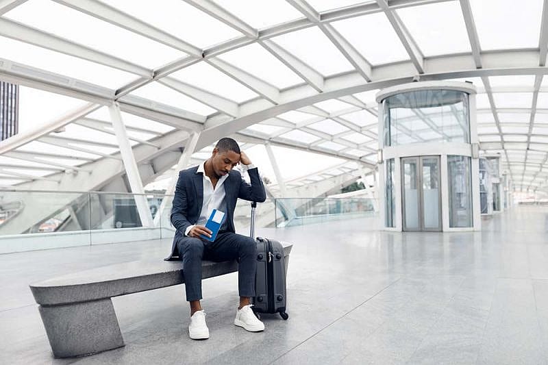 Hombre en aeropuerto esperando por cancelaci&oacute;n de vuelo de Aerol&iacute;neas Argentinas 