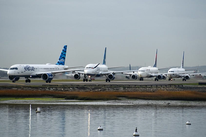 Line of planes at Boston Logan Airport