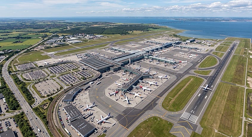 Luftfoto af lufthavn med landingsbaner