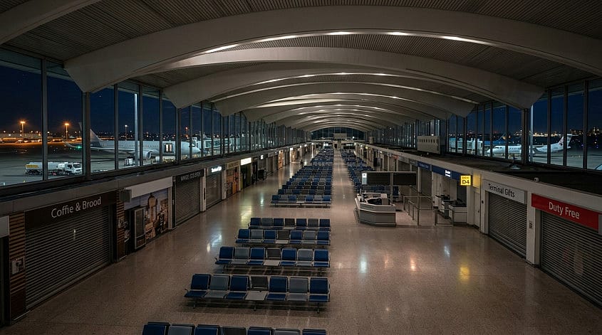 Nachtelijk vliegveld met verlichting