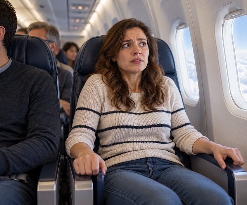 Nervous woman sitting on a plane