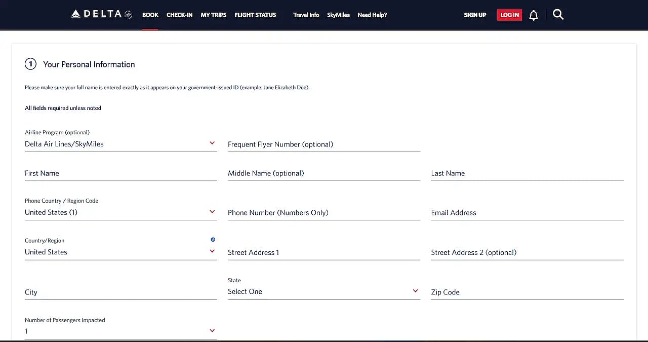 The online Delta reimbursement form for disruption-related expenses
