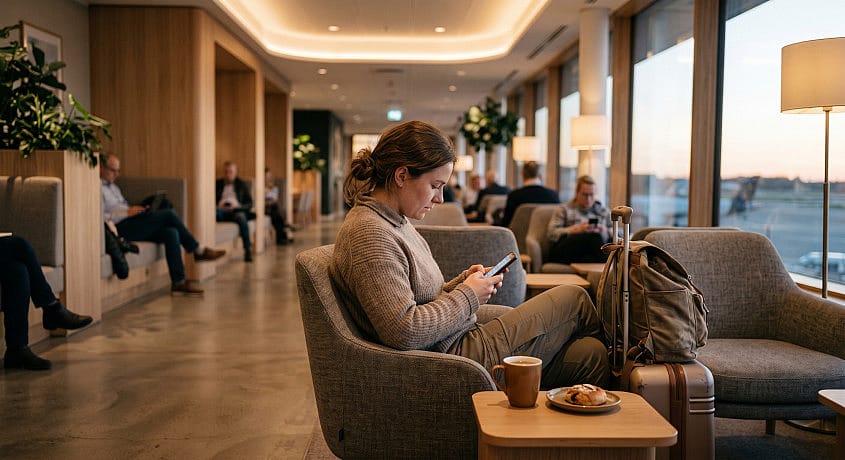 Passager venter i lufthavn med forplejning