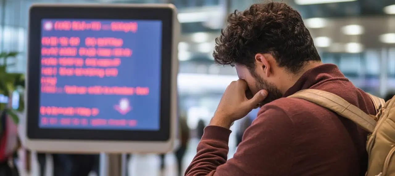 stressed traveler looking at flight information
