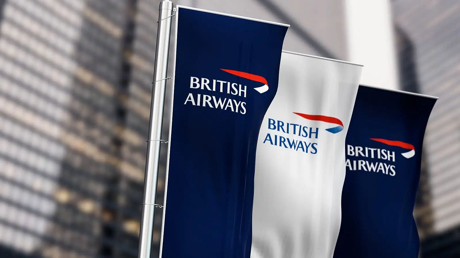 tre banner verticali con il logo British Airways ondulato