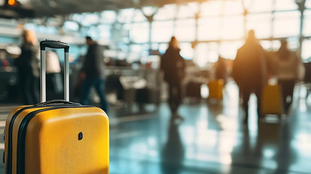 a yellow suitcase at the airport