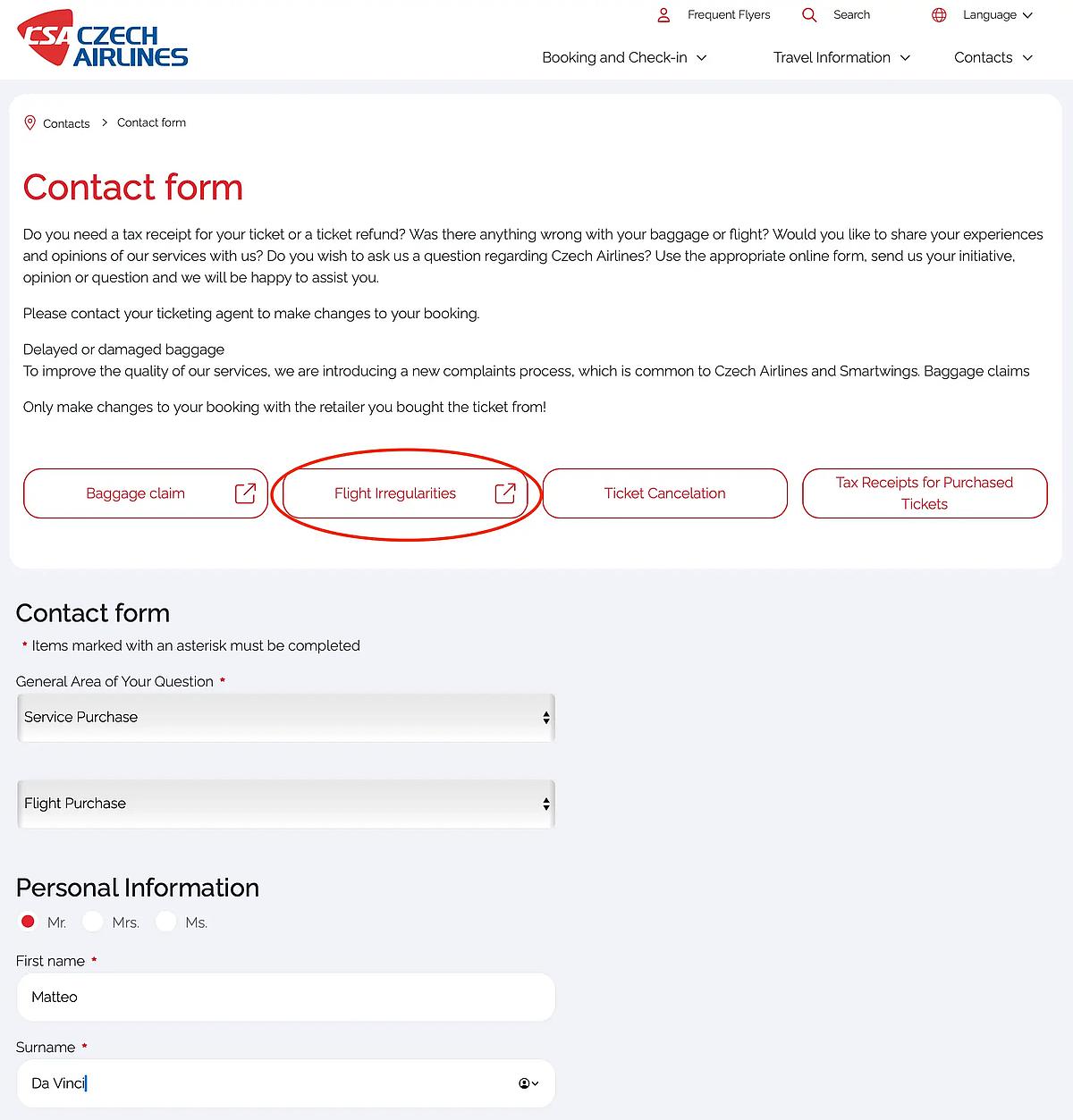 Czech Airlines Contact Form