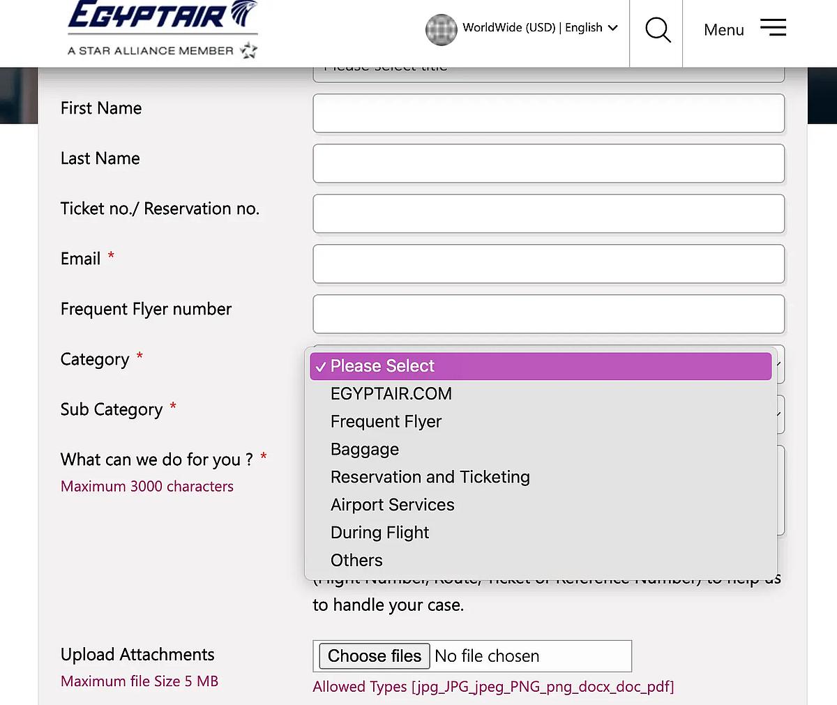 egyptair complaints form