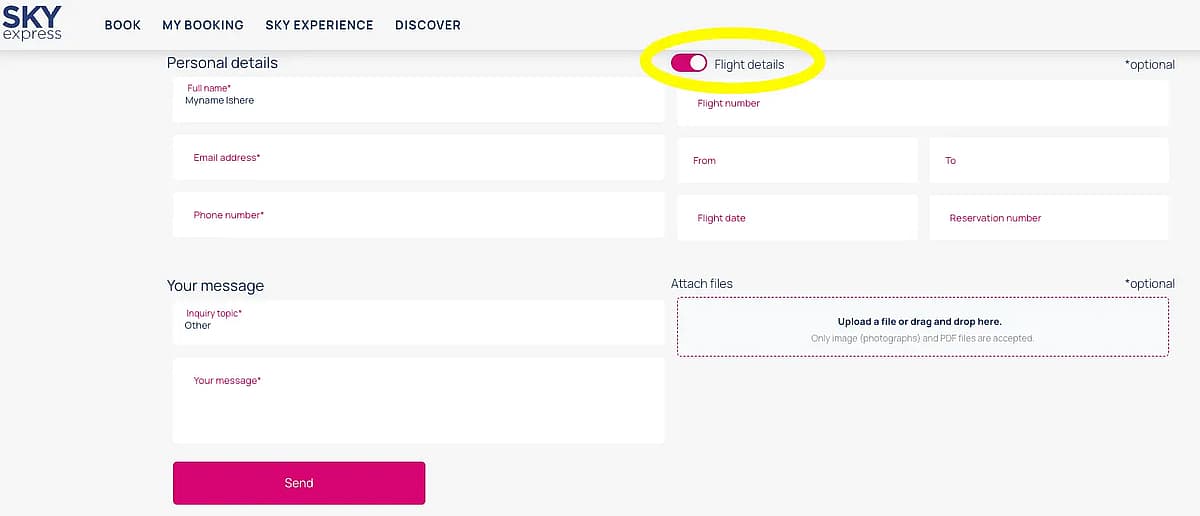 Formular de reclamație online pe site-ul Sky Express