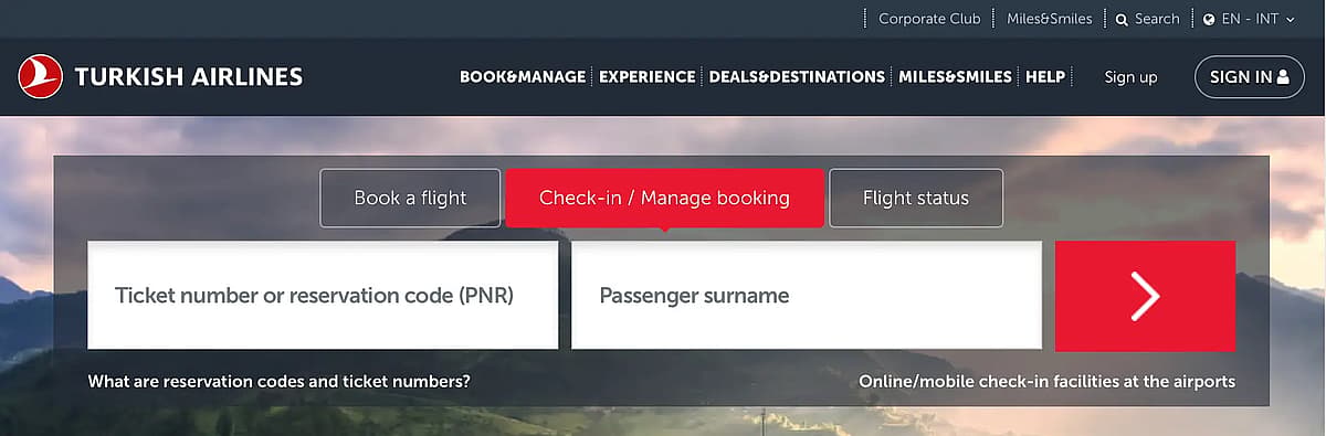 Turkish Airways website for online check-in