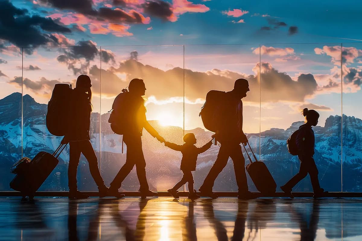 une famille de voyageurs marche dans un a&eacute;roport