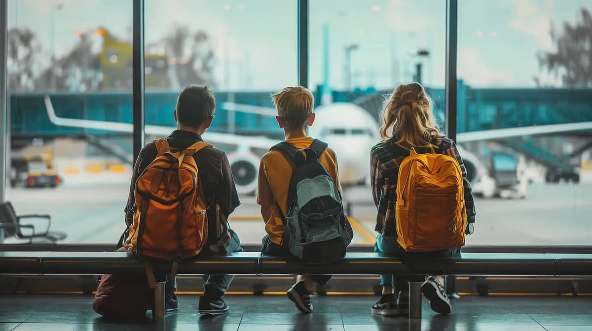 Una familia de viajeros espera su vuelo en un aeropuerto