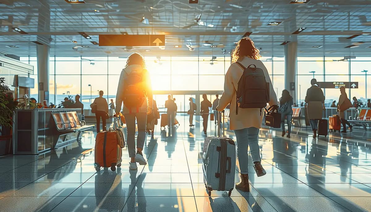 un grupo de personas camina por un aeropuerto con su equipaje