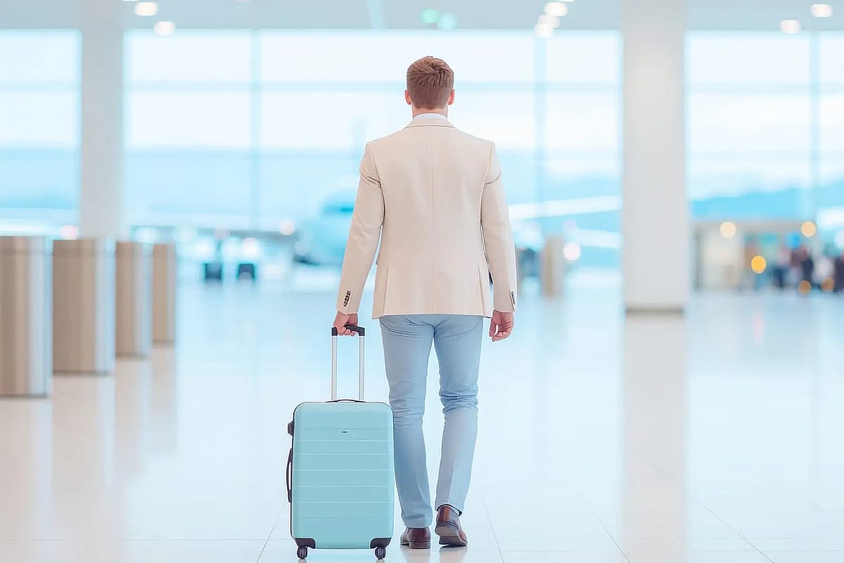 un uomo con una valigia con rotelle cammina all'interno dell'aeroporto