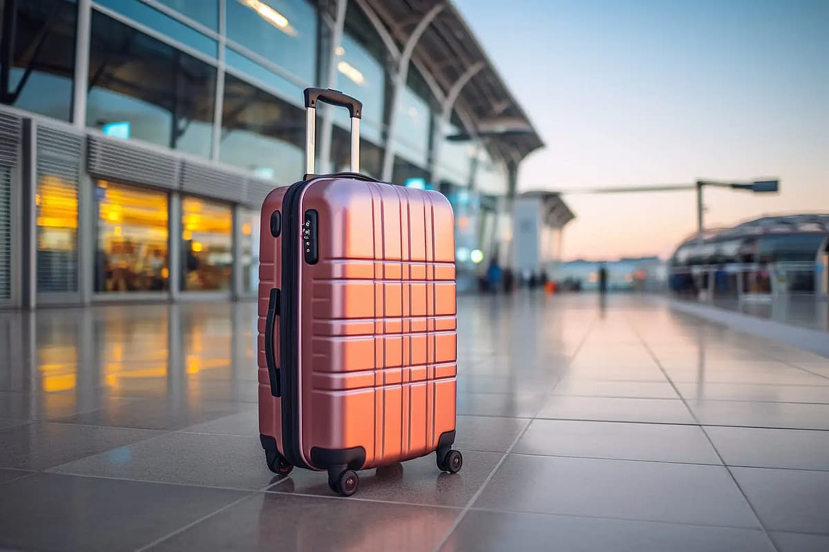 une valise rouge a cot&eacute; d'un a&eacute;roport