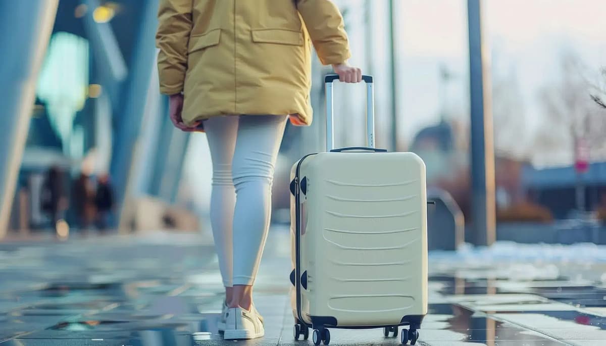 una mujer en el aeropuerto con una maleta blanca