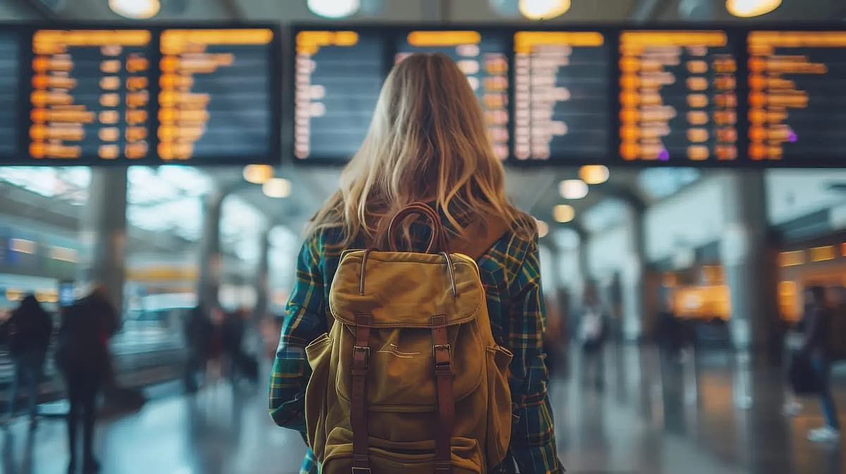 une voyageuse avec un sac a dos dans un a&eacute;roport