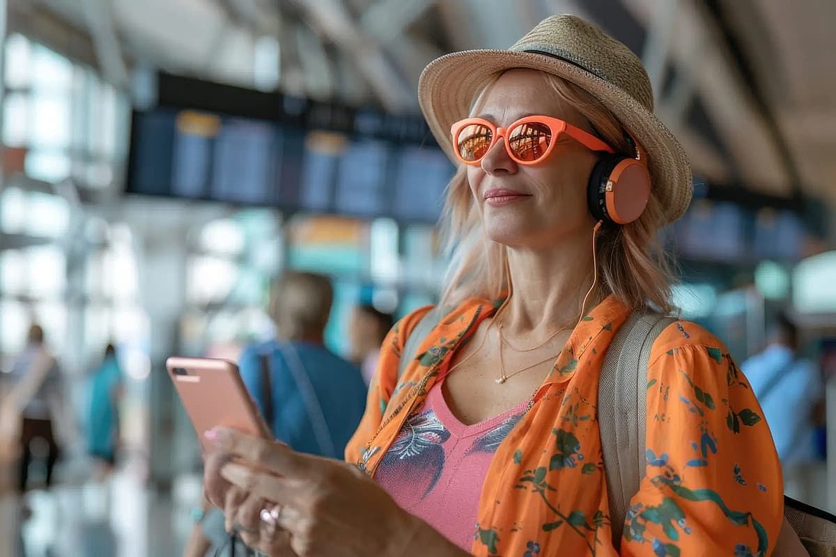 una mujer con gafas y su smartphone en un aeropuerto