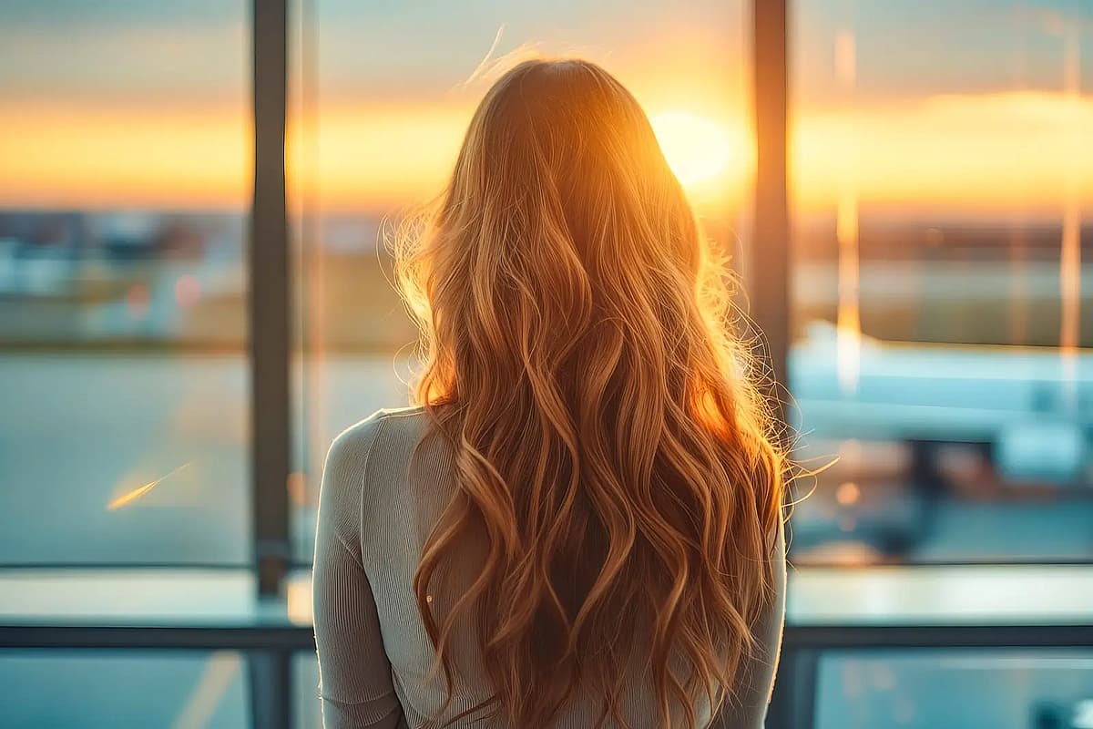 a long-haired woman stares out of an airport window