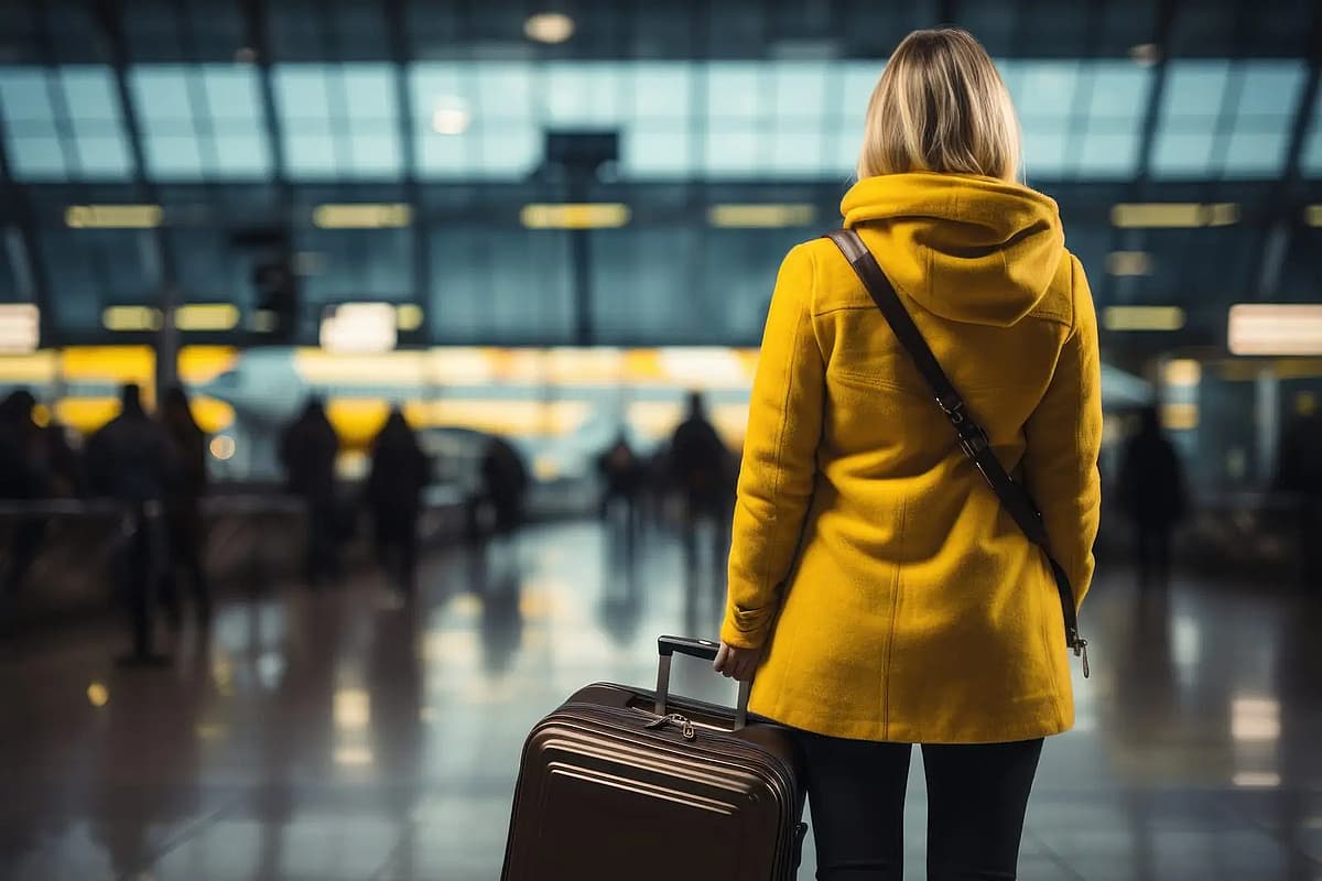 une voyageuse avec sa valise dans un a&eacute;roport