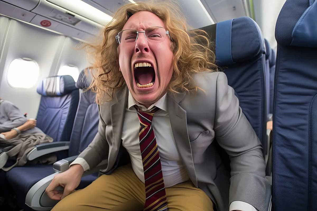 un hombre gritando de miedo en un avi&oacute;n