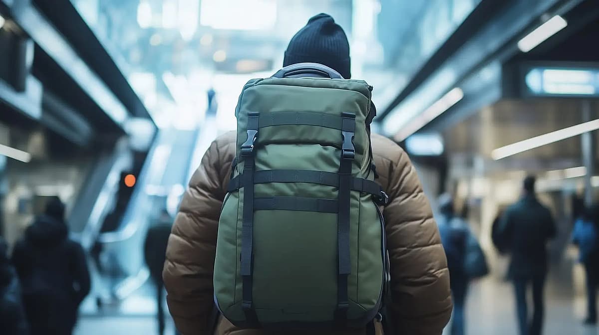 un voyageur avec un sac &agrave; dos dans un a&eacute;roport